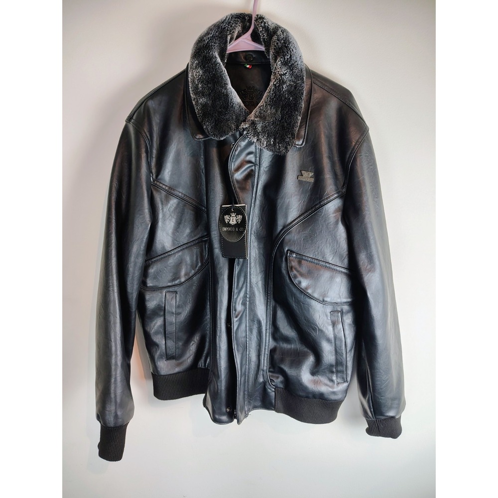 NWT Emporio and Co Italian Black Leather Faux Fur Bomber Jacket SZ XL - Cool